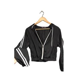 Bae Hesh | Black & white stripe sleeve cropped track jacket with hood
